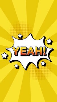 Yeah text word lettering popup comic cartoon reveal with bomb and smoke explosion manga anime book page dots radial speed lines doodle yellow background seamless loop vertical animation retro clip