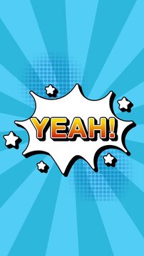 Yeah text word lettering popup comic cartoon reveal with bomb and smoke explosion manga anime book page dots radial speed lines doodle sky blue  background seamless loop vertical animation retro clip