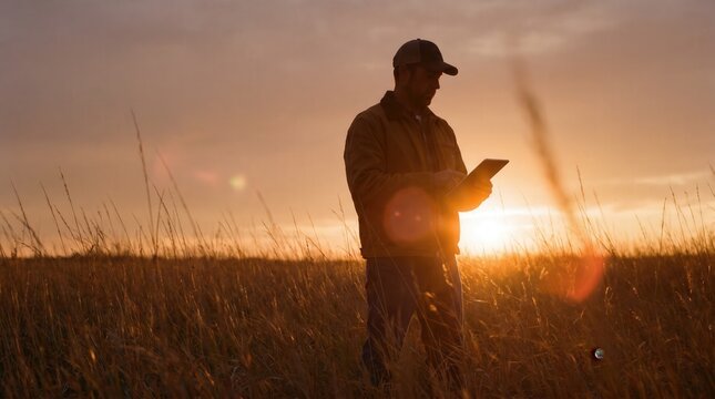 Smart farming technology concept, farmer using digital tablet in field at sunset. Precision agriculture and innovative agritech solutions for sustainable crop management.