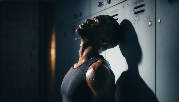 Exhausted Male Athlete Leaning Against Locker