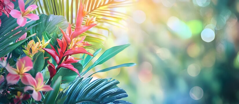 tropical plants and flowers in a blurred background