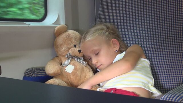 Child, Tourist Traveling by Train, Little Girl, Baby Kid Sleeping with Teddy Bear Toy, Children