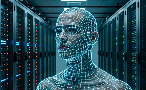 Digital human head with wireframe grid in a server room