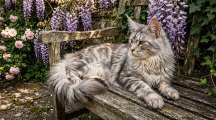 Obraz premium Maine Coon cat resting on a wooden bench in a garden