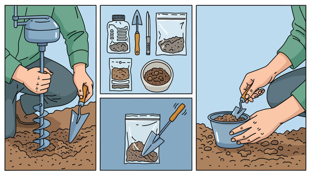 Soil Sampling Process Illustration for Environmental & Agricultural Analysis: Auger, Trowel, & Sample Collection