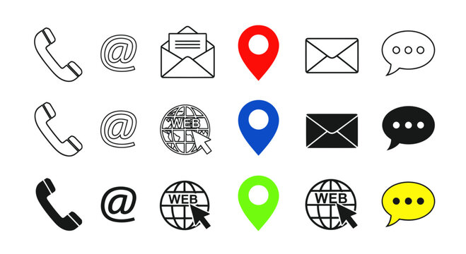 Contact Icons: Phone, Email, Location, Web, Chat - Communication Symbols