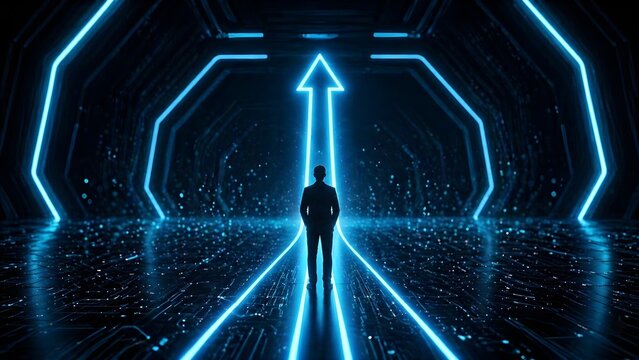 Business growth success path with glowing arrow and digital futuristic concept