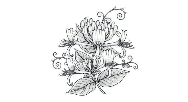 Hand-drawn honeysuckle illustration, delicate floral design, botanical sketch with leaves and tendrils