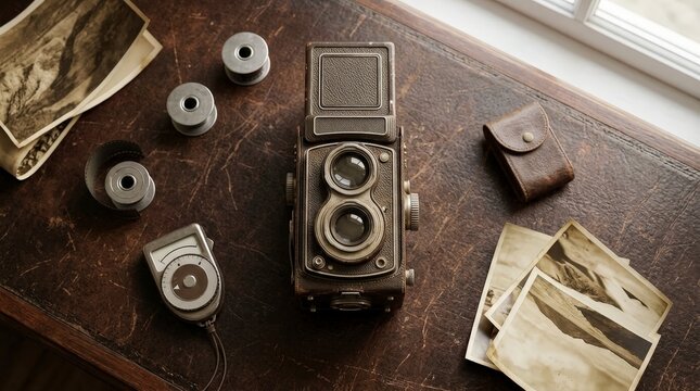 Vintage camera and photography equipment on a desk
