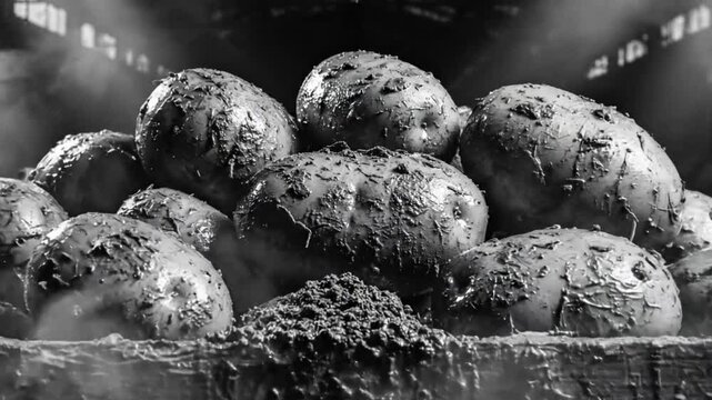 Black and white close-up of potatoes in wooden crate being washed with water in a factory