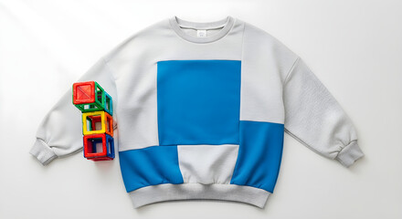Naklejka premium White sweatshirt with blue color blocking and lego bricks nearby