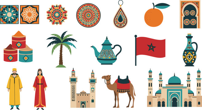 Moroccan Culture Icons with Traditional Clothing, Architecture, Tea Pots, Camel, and Flag for Cultural Illustrations and Travel Designs