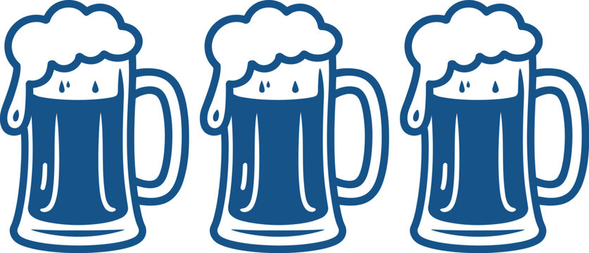 Set of beer mugs with foam vector illustration drink icons collection minimal blue outline design isolated on light background
