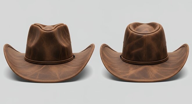 Two traditional brown leather cowboy hats with weathered textures and wide brims are shown from the front.
