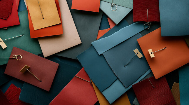 Top view of colorful leather swatches and fabric material samples scattered together in a textured creative workspace flat lay composition.