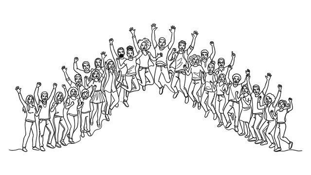 Continuous line drawing of a large group of diverse people jumping with joy.