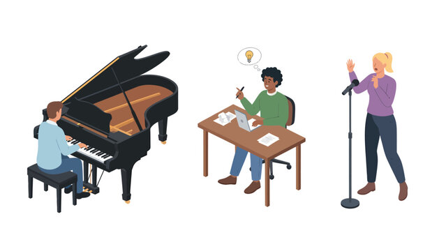 Isometric illustration of creative people: pianist, writer, and singer. Artistic talent, hobbies, and professional skills.