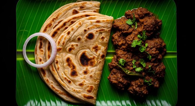 Delicious parotta and spicy beef fry served on a banana leaf
