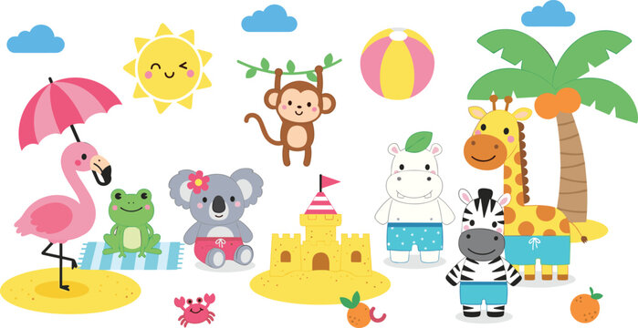 Set of 12 Cute Beach Animal Icons with Sandcastle, Umbrella, and Summer Elements for Kids and Vacation Designs
