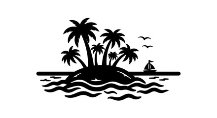 Fototapeta premium Black silhouette of a tropical island with palm trees and a sailboat