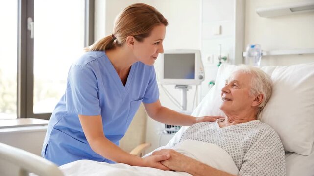 Nurse caring for elderly patient in hospital bed, healthcare support, medical treatment, compassion, recovery process, professional service, patient comfort and wellbeing