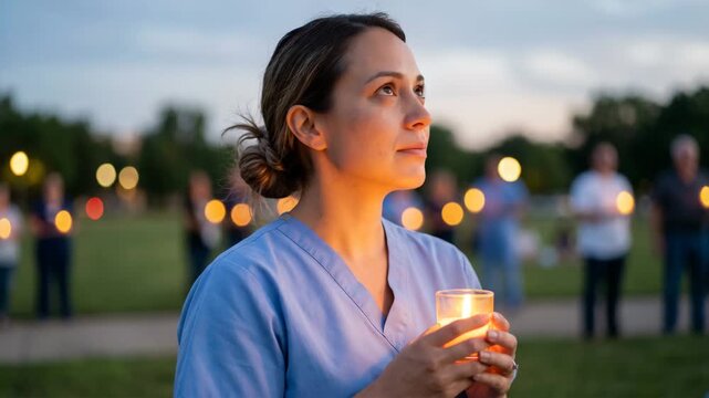 Woman holding candle at outdoor vigil at dusk, remembrance gathering, community support, solidarity, peaceful tribute, public awareness, emotional moment in park setting