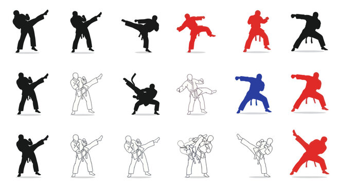 Karate Fighters Silhouette and Line Art Collection