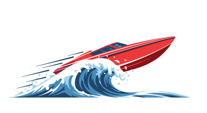 Red Speedboat Racing on Blue Waves, Dynamic Water Splash, Fast Motion
