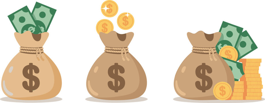 three sacks of money illustration flat design style with us dollar bills and gold coins on white background high quality professional detailed modern
