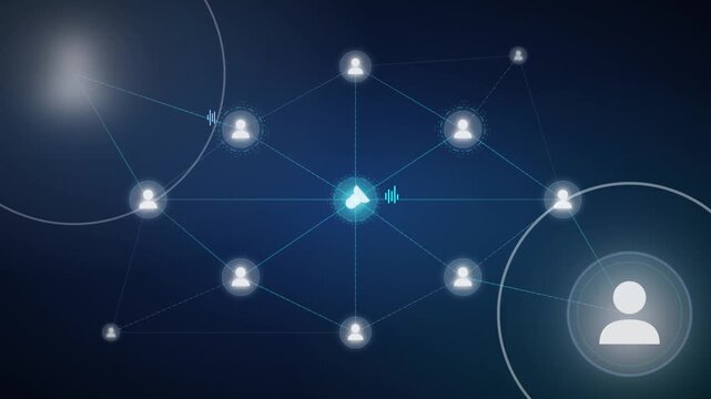 Digital communication network showing interconnected user nodes and data sharing connection lines on a dark blue background