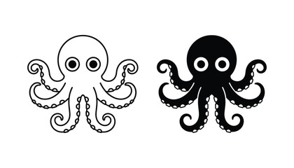 Cute octopus character in playful line art and solid black silhouette vector style for marine or ocean themed graphic design assets © Prism
