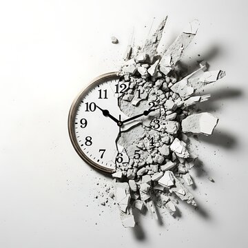 Broken clock exploding into pieces on white background