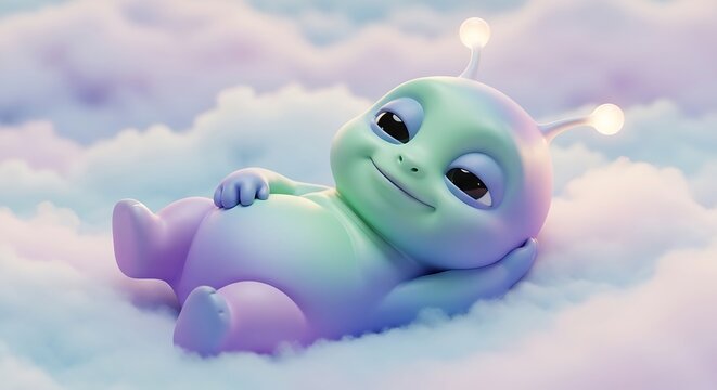 Cartoon alien resting on clouds a relaxing and playful character concept