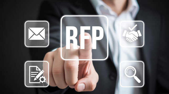 Businessman touches a virtual RFP button surrounded by icons representing business proposals and agreements