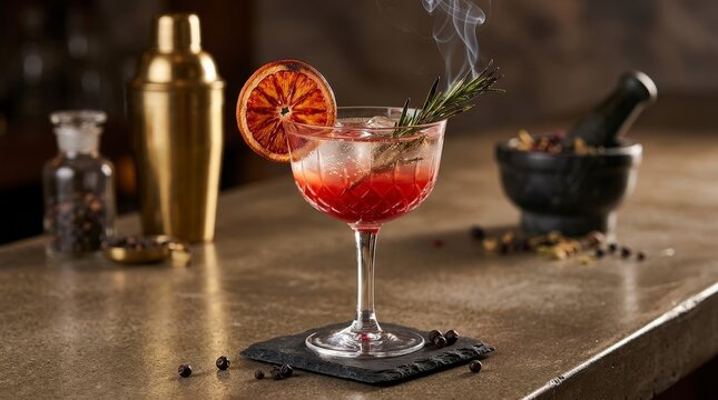 Smoked cocktail with blood orange and rosemary