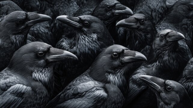多数のカラスが密集している様子。自然や野生動物関連のコンテンツに適した群れの鳥の写真
