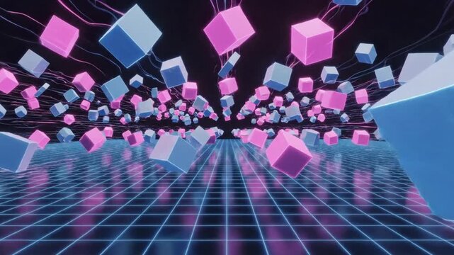 Colorful abstract tech animation of blue and pink cubes with lines in a geometric pattern