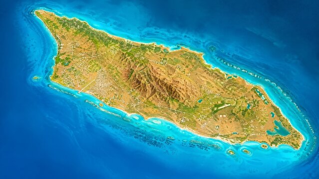 Satellite view of Aruba island in the Caribbean Sea showing turquoise water and coral reefs
