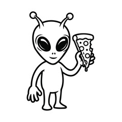 Fototapeta premium Friendly alien enjoying a slice of pizza black and white illustration