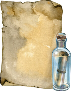 Vintage watercolor composition featuring an old weathered parchment sheet alongside a glass bottle containing a hidden message scroll. A hand drawn nautical illustration perfect for retro designs.