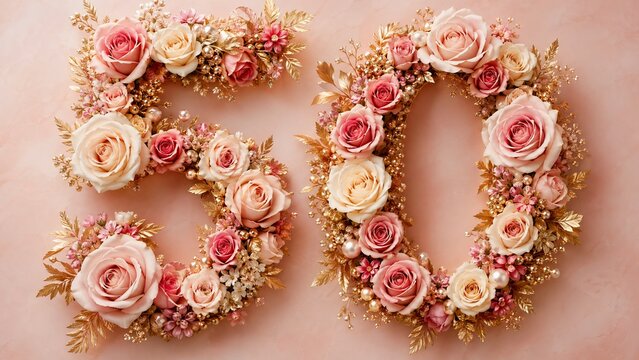 Elegant 50th celebration floral arrangement with pink roses gold leaves and pearls on a soft background.