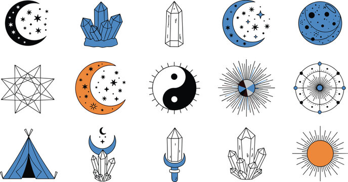 Vector Set of Celestial and Mystical Icons Including Moon, Stars, Crystals, and Yin-Yang for Spiritual, Astrology, and Boho Designs