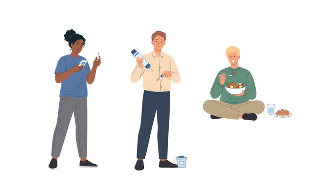 Diabetes Self-Care Illustration: Blood Glucose Monitoring, Insulin Therapy, and Healthy Eating Habits