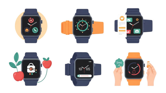 Collection of stylish smartwatches with different colorful bands and faces Vector