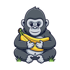 Obraz premium A cute baby gorilla sitting on grass and embracing of bananas, flat vector mascot illustration.