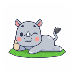 Fototapeta premium A cute rhinoceros laying on the grass with winking expression, flat vector mascot illustration.