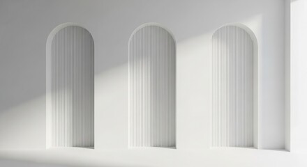 Fototapeta premium A serene architectural scene showing three arches in a white wall with sunlight casting shadows.