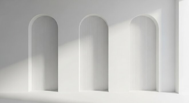 A serene architectural scene showing three arches in a white wall with sunlight casting shadows.