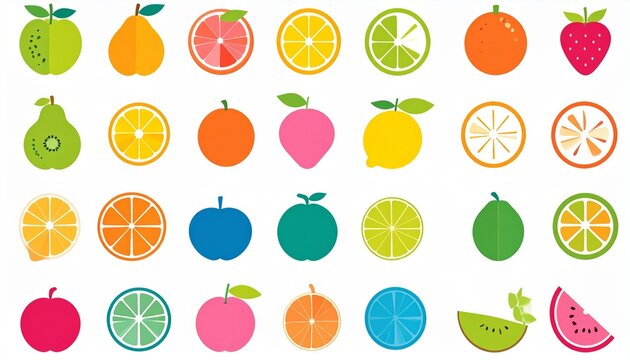 Colorful Cartoon Fruits and Citrus Slices.