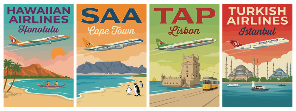 Vintage airline travel poster set. Including hawaiian honolulu, saa cape town, tap lisbon, and turkish airlines istanbul. Retro vector illustration.